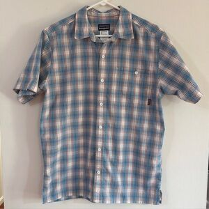 Patagonia Puckerware Seersucker Blue Plaid Button Short Sleeve Shirt Mens Medium